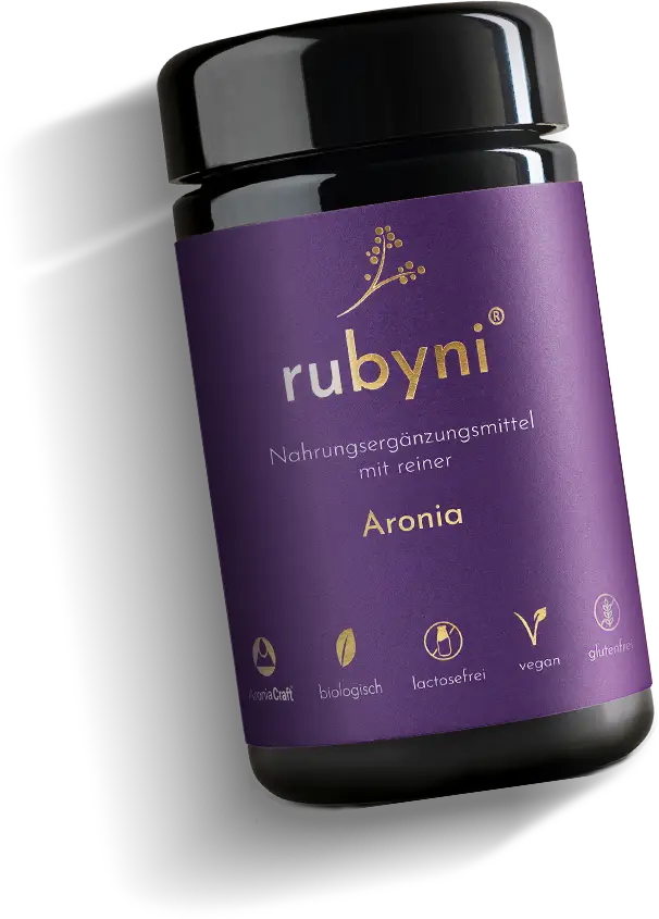 rubyni Aronia – vegan, glutenfrei & biologisch Dunkles Glasfläschchen rubyni Aronia – biologisches, veganes und glutenfreies Nahrungsergänzungsmittel auf weißem Hintergrund