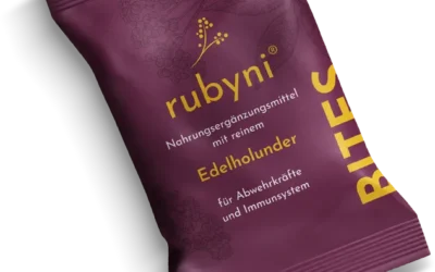 Tagesdosis rubyni® BITES Edelholunder für Abwehrkräfte und Immunsystem verpackt in einem kleinen, dunkelroten Beutel