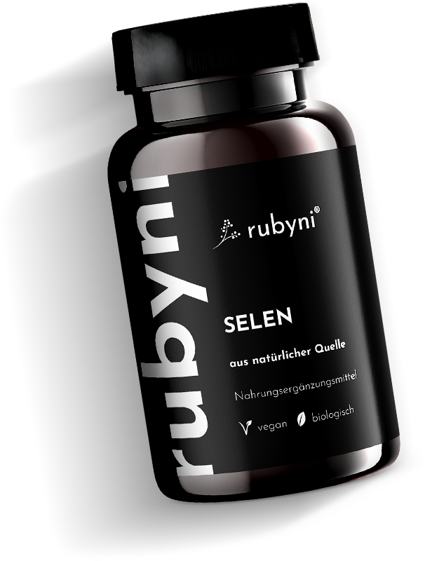 rubyni Selen – vegan & biologisch Dunkles PET-Fläschchen rubyni Selen auf weißem Hintergrund