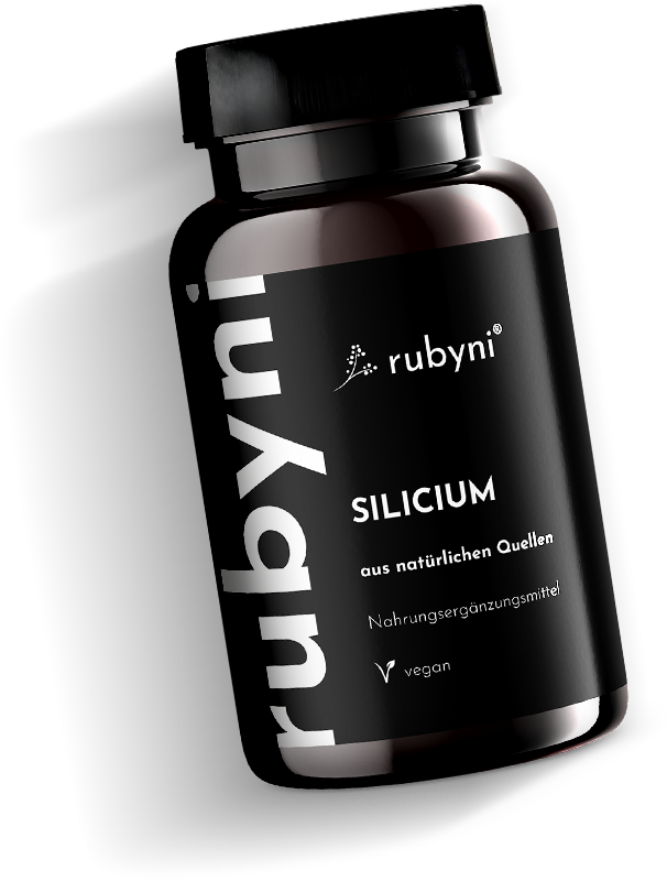 rubyni Silicium – vegan & natürlich Dunkles PET-Fläschchen rubyni Silicium auf weißem Hintergrund