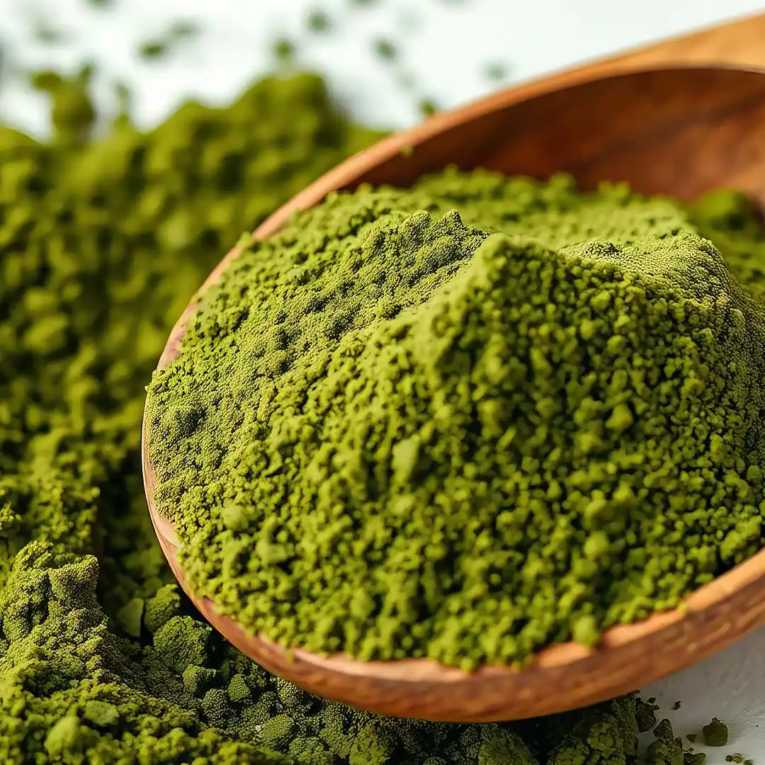 rubyni® Magnesium Grünalgenpulver in einem Holzlöffel auf einem Tisch, etwas Grünalgenpulver ist hinter dem Löffel auf dem Tisch verschüttet