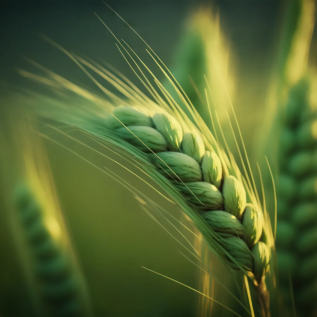 rubyni® Vitamin B KOMPLEX – für mehr Energie und bessere Nerven Man sieht eine grüne Rispe Kamutgras in Großaufnahme.