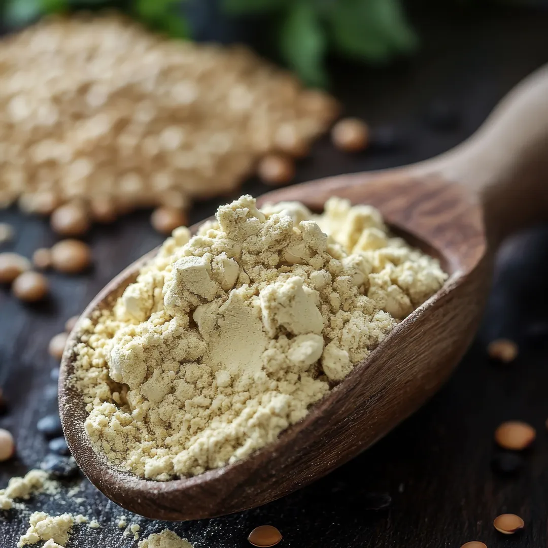 rubyni® Vitamin B KOMPLEX – für mehr Energie und bessere Nerven Quinoapulver auf einem Holzlöffel auf einem dunklen Tisch. Man sieht verstreute Quinoakörner auf dem Tisch und im Hintergrund verschwommene Quinoakörner und grüne Blätter.