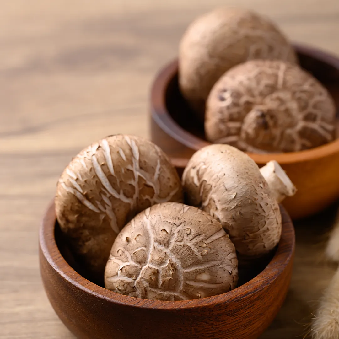 rubyni® Vitamin B12: Ihr Begleiter für mehr Energie im Alltag Shiitake-Pilze in zwei Holzschalen auf einem Holztisch