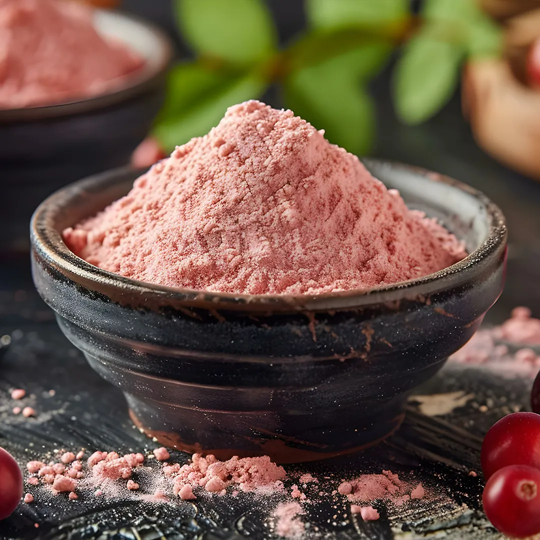 rubyni® Vitamin C: Ein wichtiger Baustein für mehr Energie und Vitalität Eine dunkle Keramikschale mit Acerolapulver steht auf einem schwarzen Holztisch, man sieht Acerolabeeren auf dem Tisch liegen sowie eine weitere Schale mit rotem Pulver im Hintergrund.
