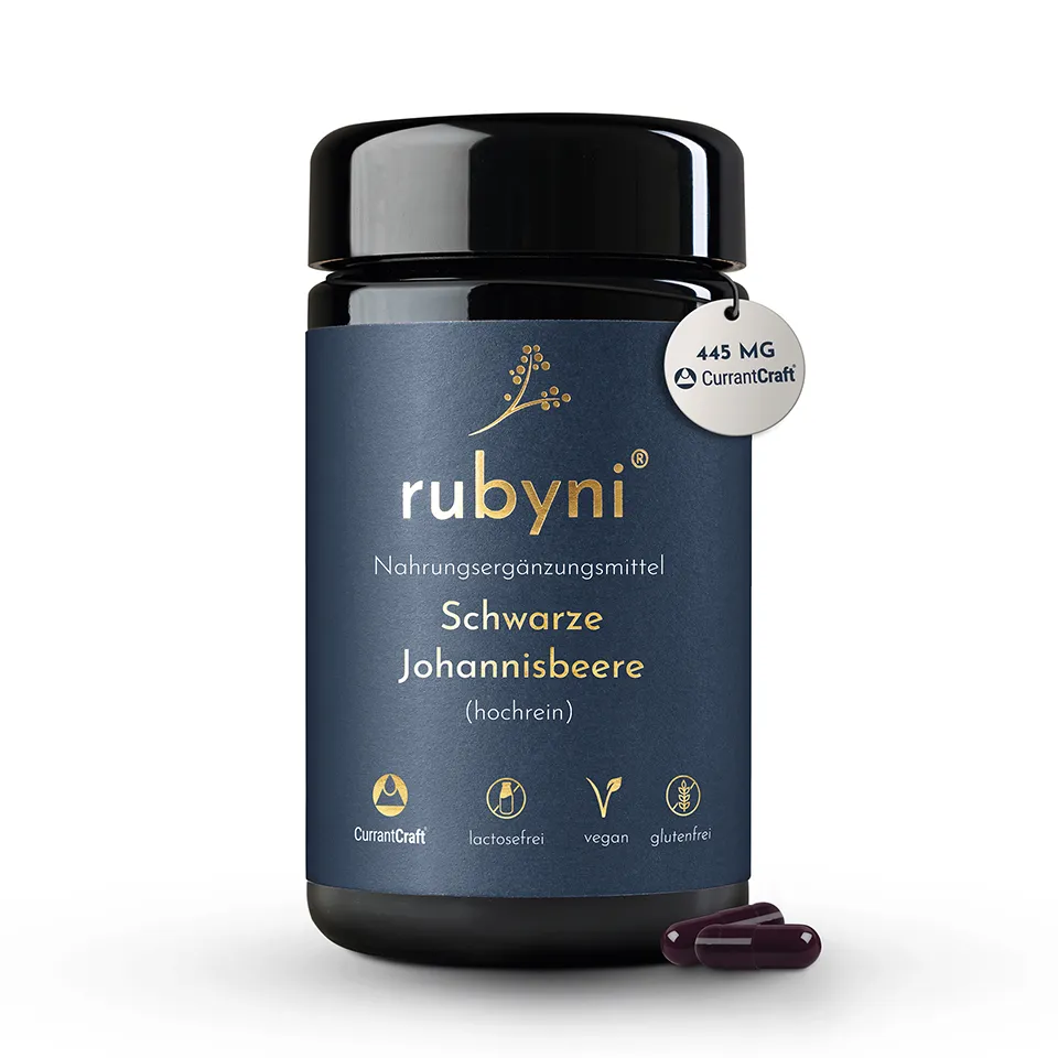 rubyni® Edelholunder im Glas mit dunkelrotem Etikett, Hinweis auf ElderCraft-Extrakt zur Unterstützung von Abwehrkräften und Immunsystem