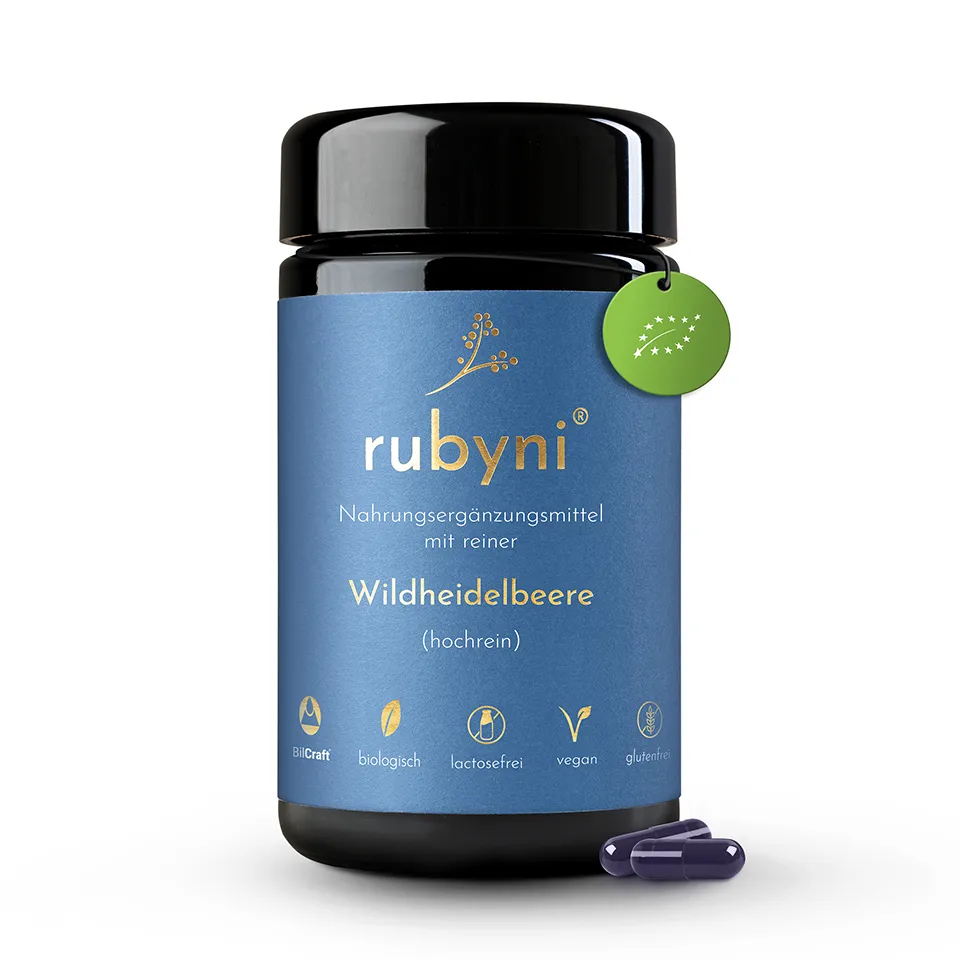 Nahrungsergänzungsmittel rubyni® Wildheidelbeere im Glas mit blauem Etikett und Hinweis auf verwendetes Extrakt BilCraft