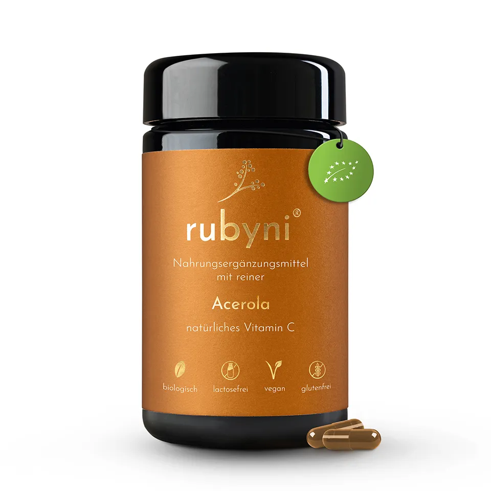 Nahrungsergänzungsmittel rubyni® Acerola natürliches Vitamin C im Glas mit Kapseln und Biosiegel