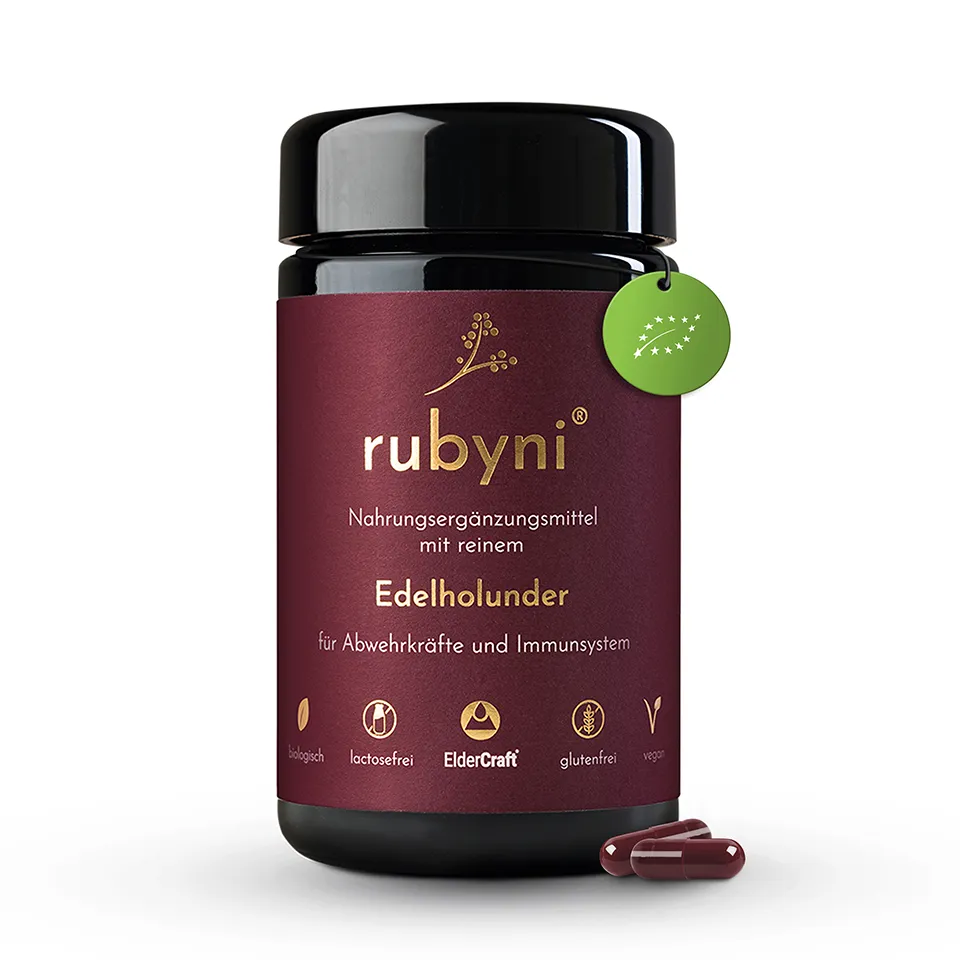 rubyni® Edelholunder im Glas mit dunkelrotem Etikett, Hinweis auf ElderCraft-Extrakt zur Unterstützung von Abwehrkräften und Immunsystem