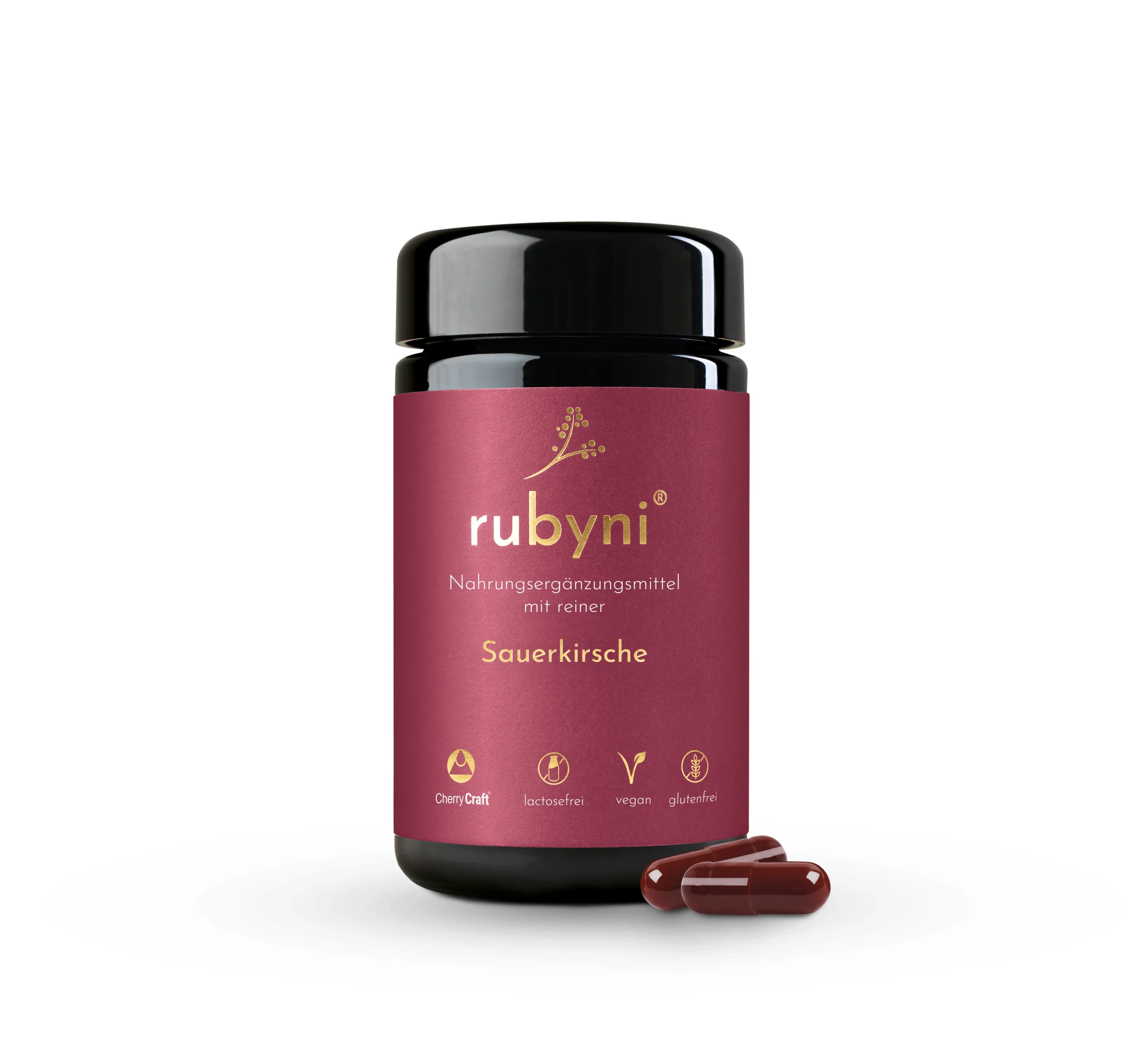 Nahrungsergänzungsmittel rubyni® Sauerkirsche im Glas mit rotem Etikett und Hinweis auf das verwendete Extrakt CherryCraft