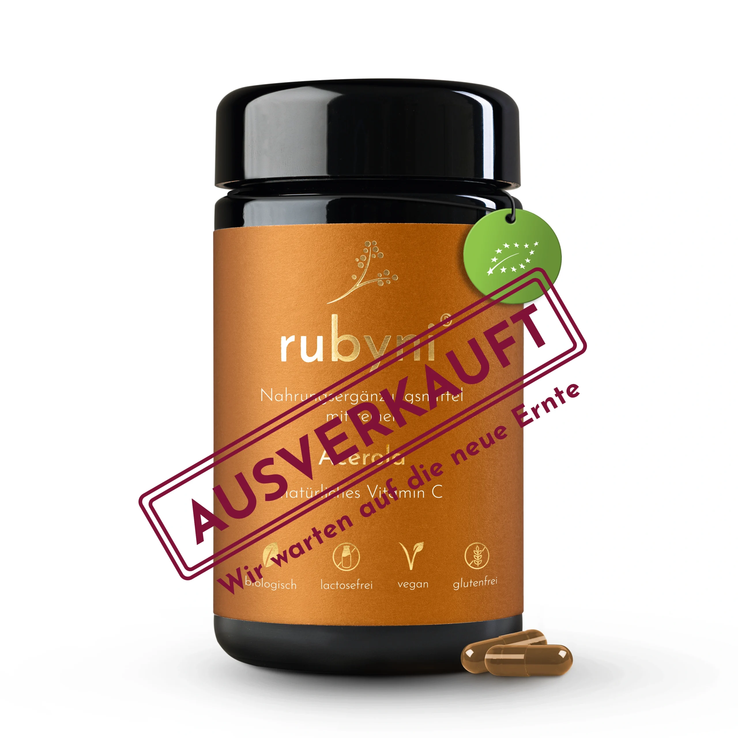 Nahrungsergänzungsmittel rubyni® Acerola natürliches Vitamin C im Glas mit Kapseln und Biosiegel
