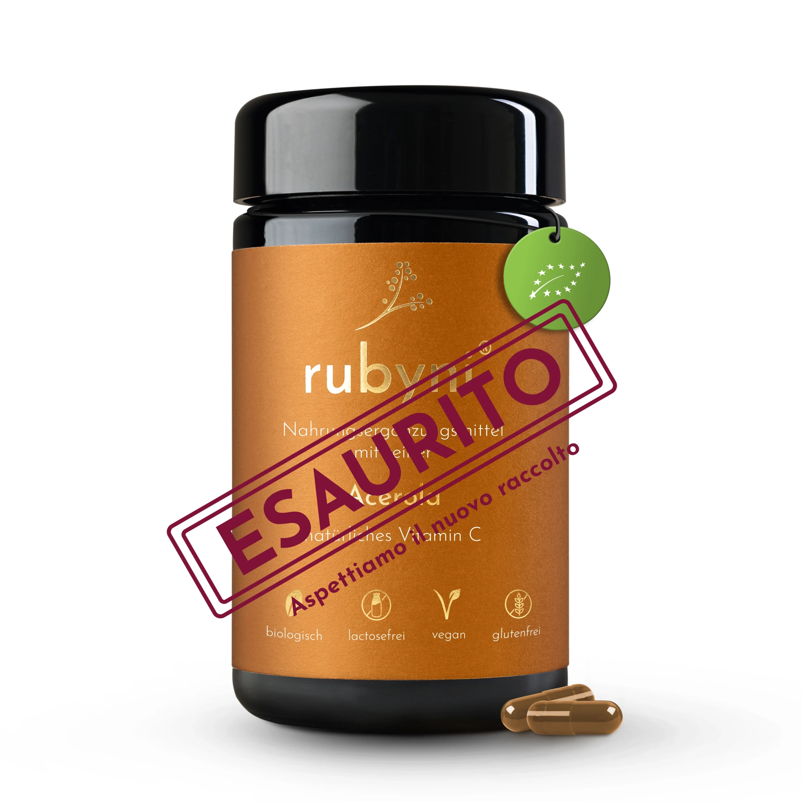Nahrungsergänzungsmittel rubyni® Acerola natürliches Vitamin C im Glas mit Kapseln und Biosiegel