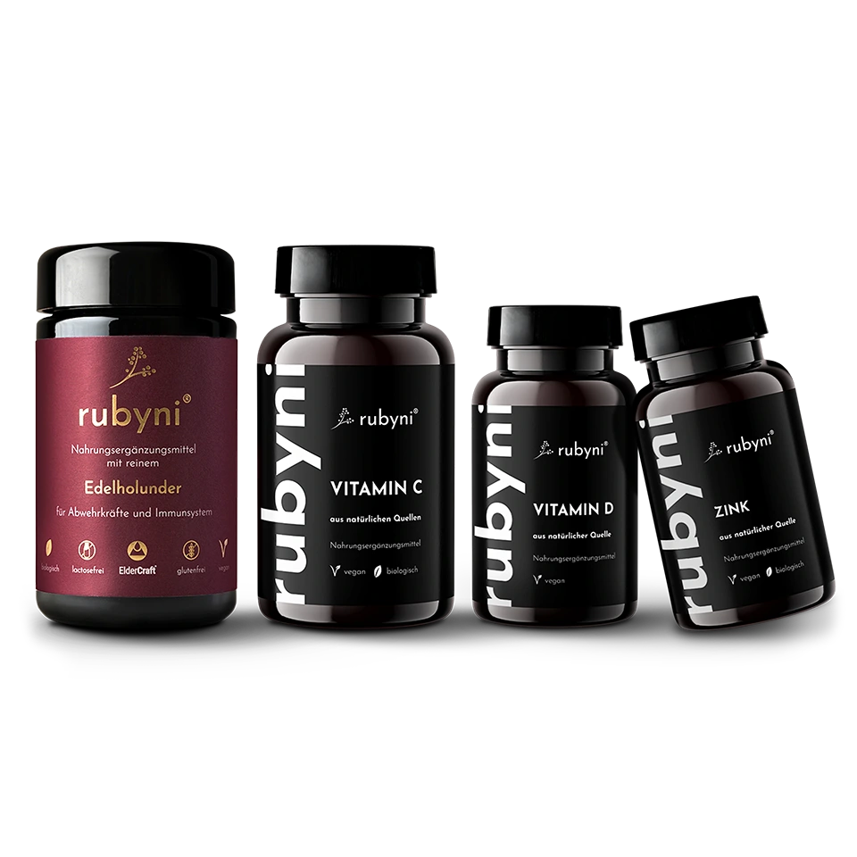 rubyni® Edelholunder im Glas mit dunkelrotem Etikett, Hinweis auf ElderCraft-Extrakt zur Unterstützung von Abwehrkräften und Immunsystem