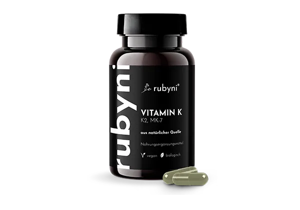 Dunkles PET-Fläschchen rubyni Vitamin D mit zwei olivgrünen Kapseln 