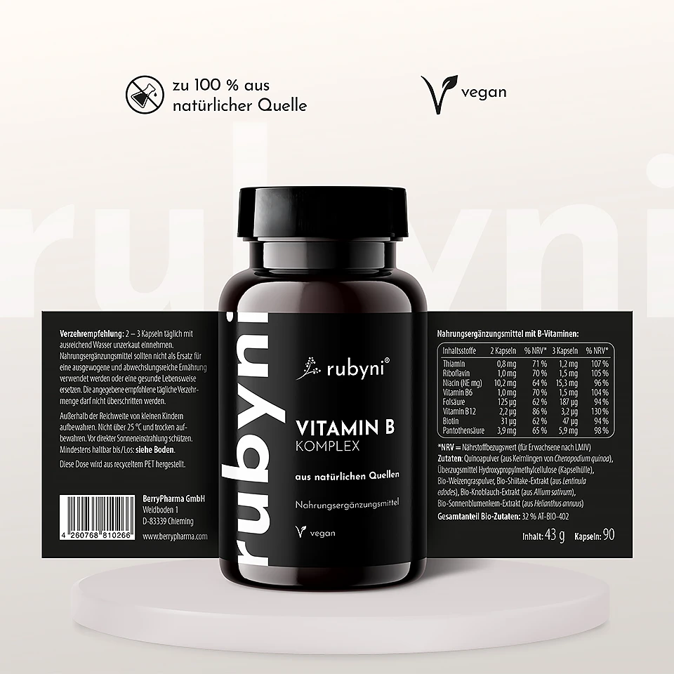 PET-Dose rubyni Vitamin B Komplex mit ausgeklapptem Etikett