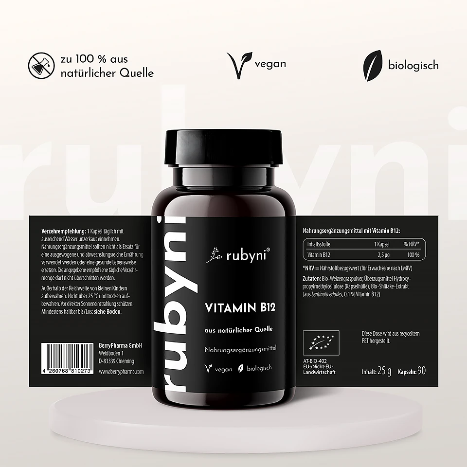 B12 Health Claims PET-Dose rubyni Vitamin B12 mit ausgeklapptem Etikett