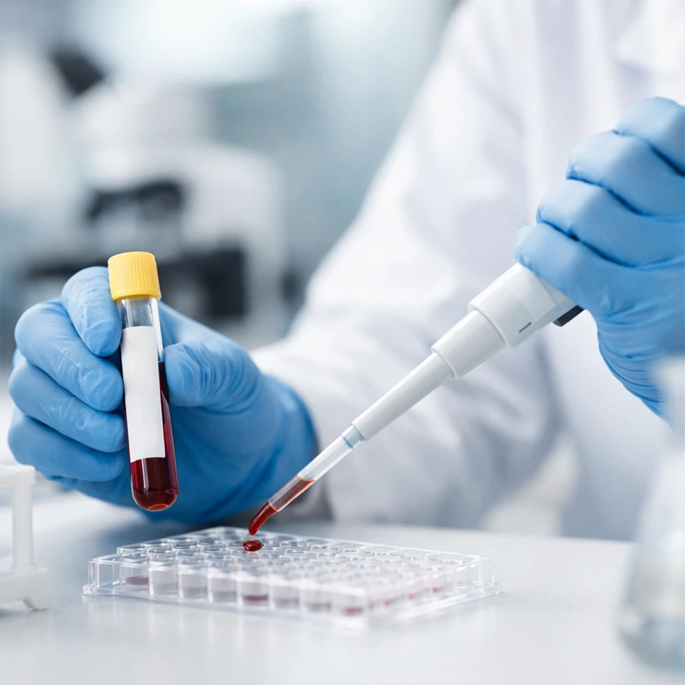 Eine Laboraufnahme zeigt eine Person mit blauen Einweghandschuhen, die mithilfe einer Pipette eine rote Flüssigkeit in eine transparente Testplatte tropft. In der anderen Hand wird ein Reagenzglas mit roter Probe gehalten. Das Motiv steht für wissenschaftliche Analyse und Qualitätskontrolle im Labor.