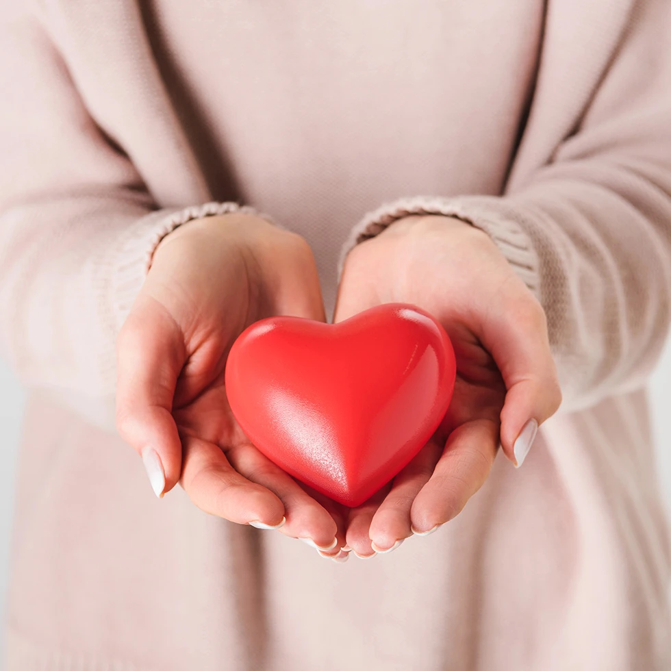 Eine Person hält ein rotes Herzsymbol behutsam in beiden Händen. Das Motiv steht symbolisch für Gesundheit, Fürsorge und Herzbewusstsein.