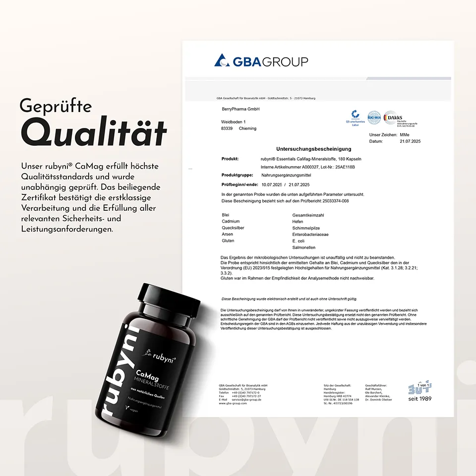 Folie mit einer Dose des Produktes, Text und Abbildung der Untersuchungsbescheinigung der GBAGROUP