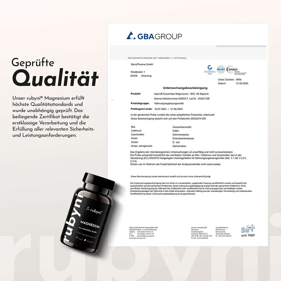 Folie mit einer Dose des Produktes, Text und Abbildung der Untersuchungsbescheinigung der GBAGROUP