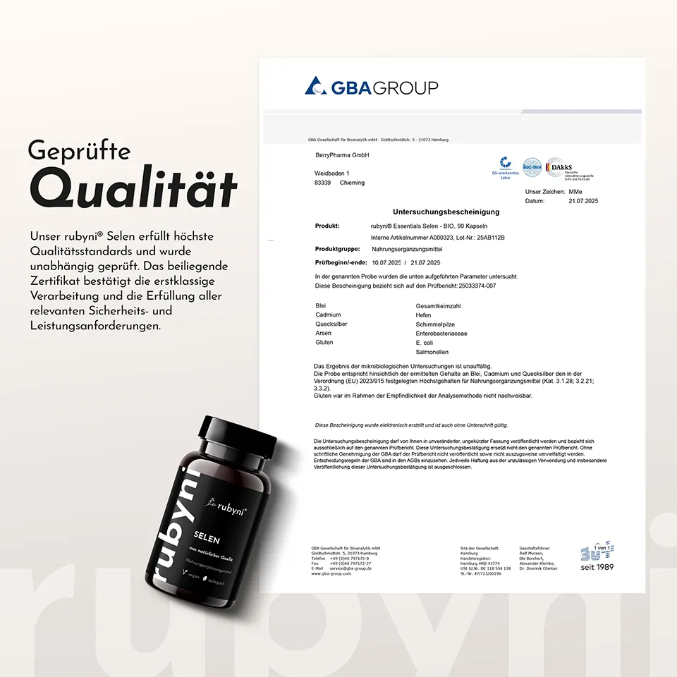 Folie mit einer Dose des Produktes, Text und Abbildung der Untersuchungsbescheinigung der GBAGROUP