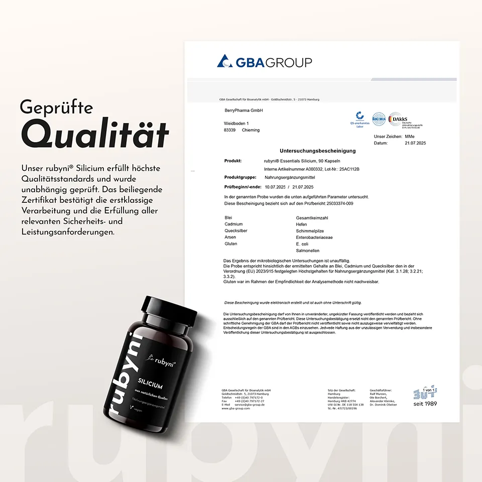 Folie mit einer Dose des Produktes, Text und Abbildung der Untersuchungsbescheinigung der GBAGROUP