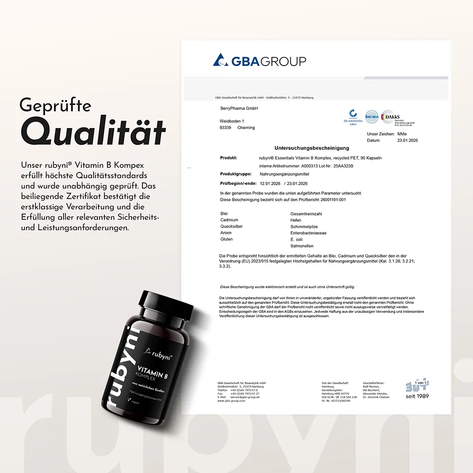 Folie mit einer Dose des Produktes, Text und Abbildung der Untersuchungsbescheinigung der GBAGROUP