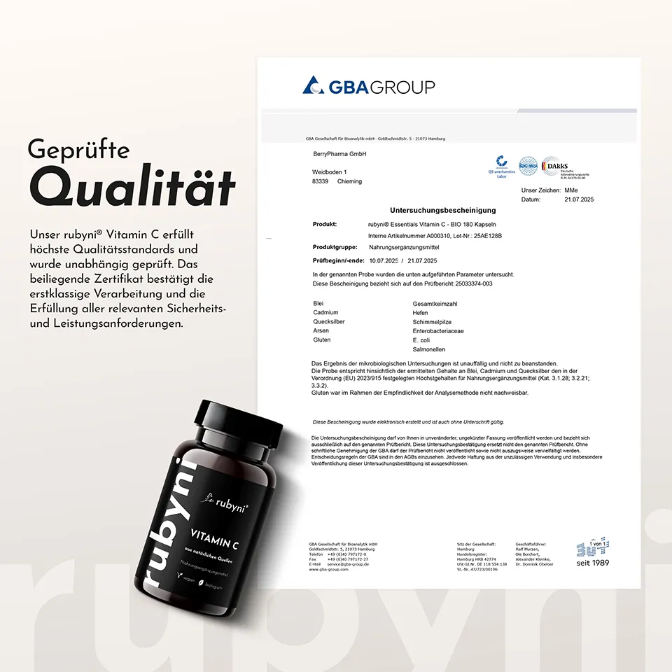 Folie mit einer Dose des Produktes, Text und Abbildung der Untersuchungsbescheinigung der GBAGROUP