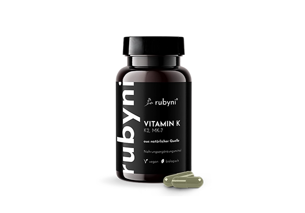 Dunkles PET-Fläschchen rubyni Vitamin D mit zwei olivgrünen Kapseln 