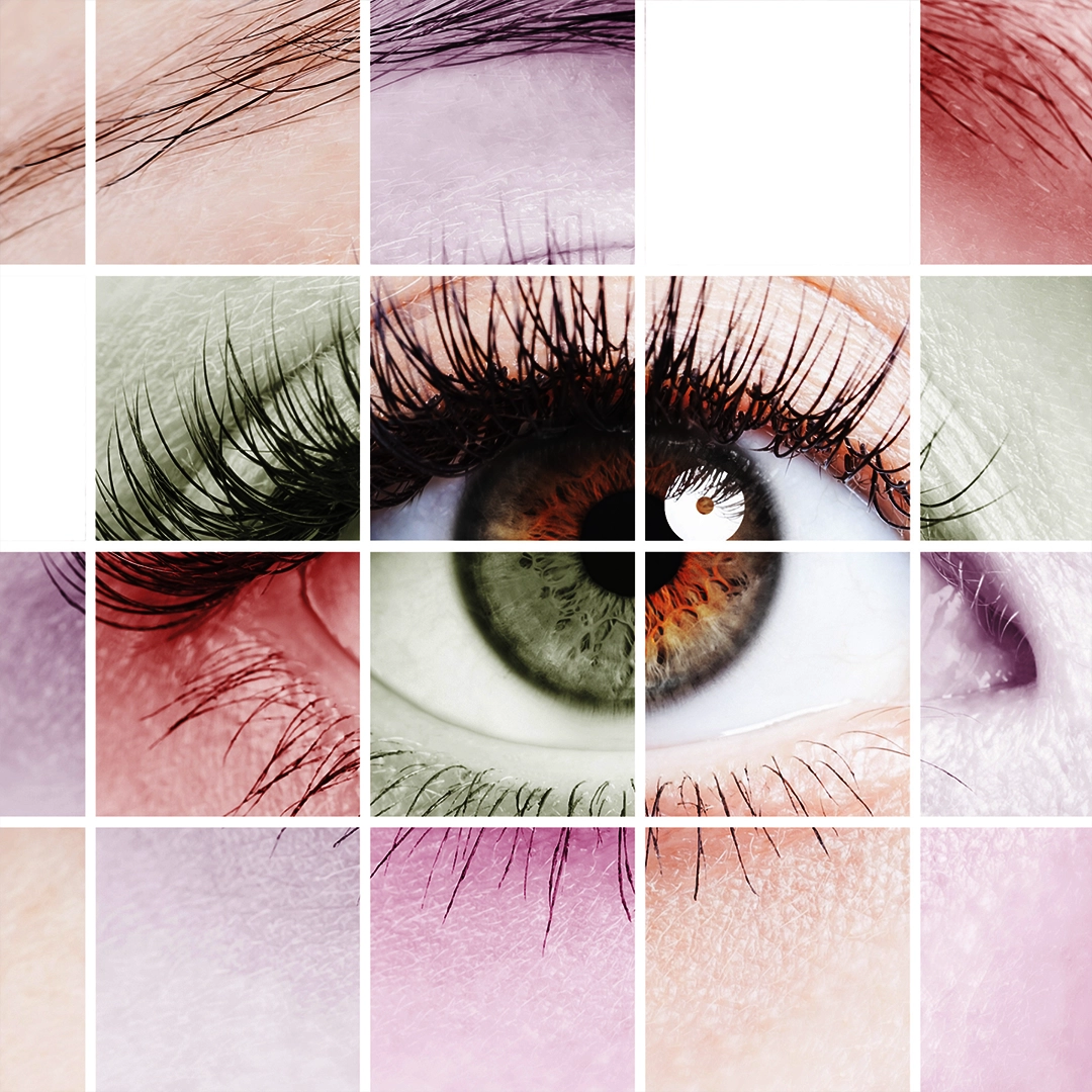 Detailaufnahme eines menschlichen Auges in einer collageartigen Darstellung mit verschiedenen Haut- und Wimpernbereichen, die unterschiedliche Aspekte von Schönheit, Pflege und Nährstoffversorgung symbolisieren.