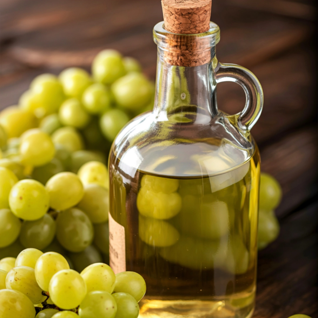Eine Glasflasche mit goldgelbem Traubenkernöl steht neben frischen grünen Weintrauben auf einer rustikalen Holzoberfläche und symbolisiert die natürliche Herkunft sowie den Reichtum an wertvollen pflanzlichen Inhaltsstoffen.