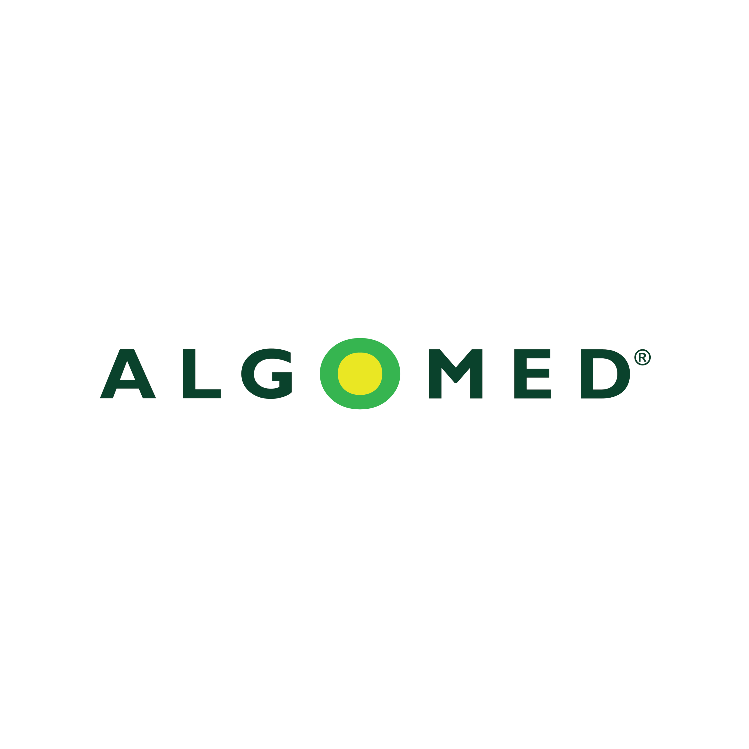 Schriftzug „ALGOMED®“ in dunkelgrünen Großbuchstaben auf hellem Hintergrund. Der Buchstabe „O“ ist als grüner Kreis mit gelber Mitte gestaltet und erinnert optisch an eine Alge oder eine natürliche Quelle.