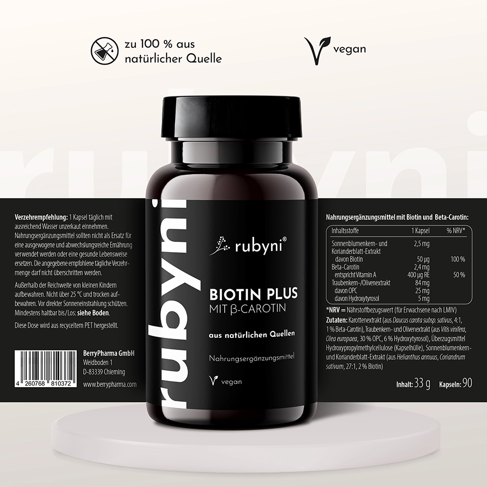 Foto zur Illustration der Inhaltsstoffe des Produkts ET-Dose des rubyni Nahrungsergänzungsmittels „Biotin Plus“ mit β-Carotin inklusive detaillierter Produktinformationen zu Inhaltsstoffen, Verzehrempfehlung und Nährwerten.