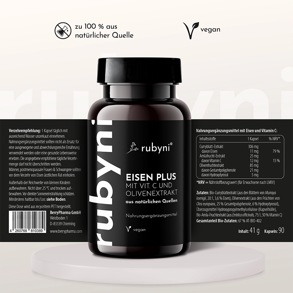 PET-Dose des rubyni Nahrungsergänzungsmittels „Eisen Plus“ mit Vitamin C und Olivenextrakt inklusive detaillierter Produktinformationen zu Inhaltsstoffen, Verzehrempfehlung und Nährwerten.
