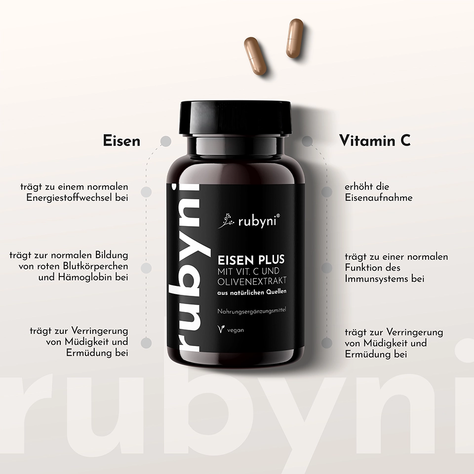 PET-Dose des rubyni Nahrungsergänzungsmittels „Eisen Plus“ mit Vitamin C und Olivenextrakt, ergänzt durch grafische Darstellung der gesundheitlichen Vorteile von Eisen und Vitamin C.