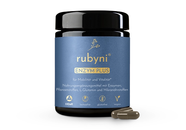 rubyni® Edelholunder im dunklen Glasfläschchen mit zwei Kapseln auf weißem Hintergrund – Nahrungsergänzungsmittel zur Unterstützung von Abwehrkräften und Immunsystem, vegan und glutenfrei, biologisch