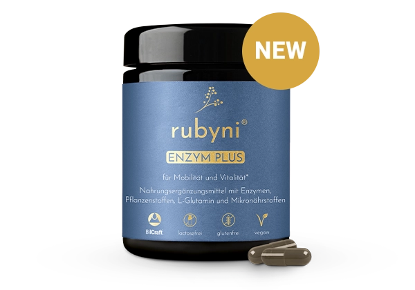 Dunkles Glasfläschchen rubyni® NIGHT auf weißem Hintergrund – veganes, glutenfreies Nahrungsergänzungsmittel für Entspannung und innere Balance mit Pflanzenstoffen, Vitaminen, GABA und L-Tryptophan