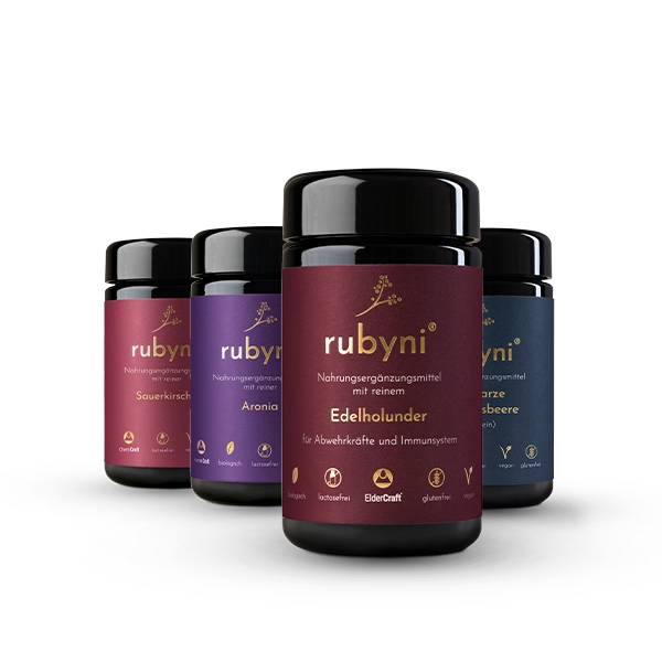 rubyni-pur-edelholunder-johannisbeere-aronia-sauerkirsche Reine Pflanzenkraft aus ausgewählten Beeren und Früchten wie Edelholunder, schwarzer Johannisbeere, Aronia und Sauerkirsche