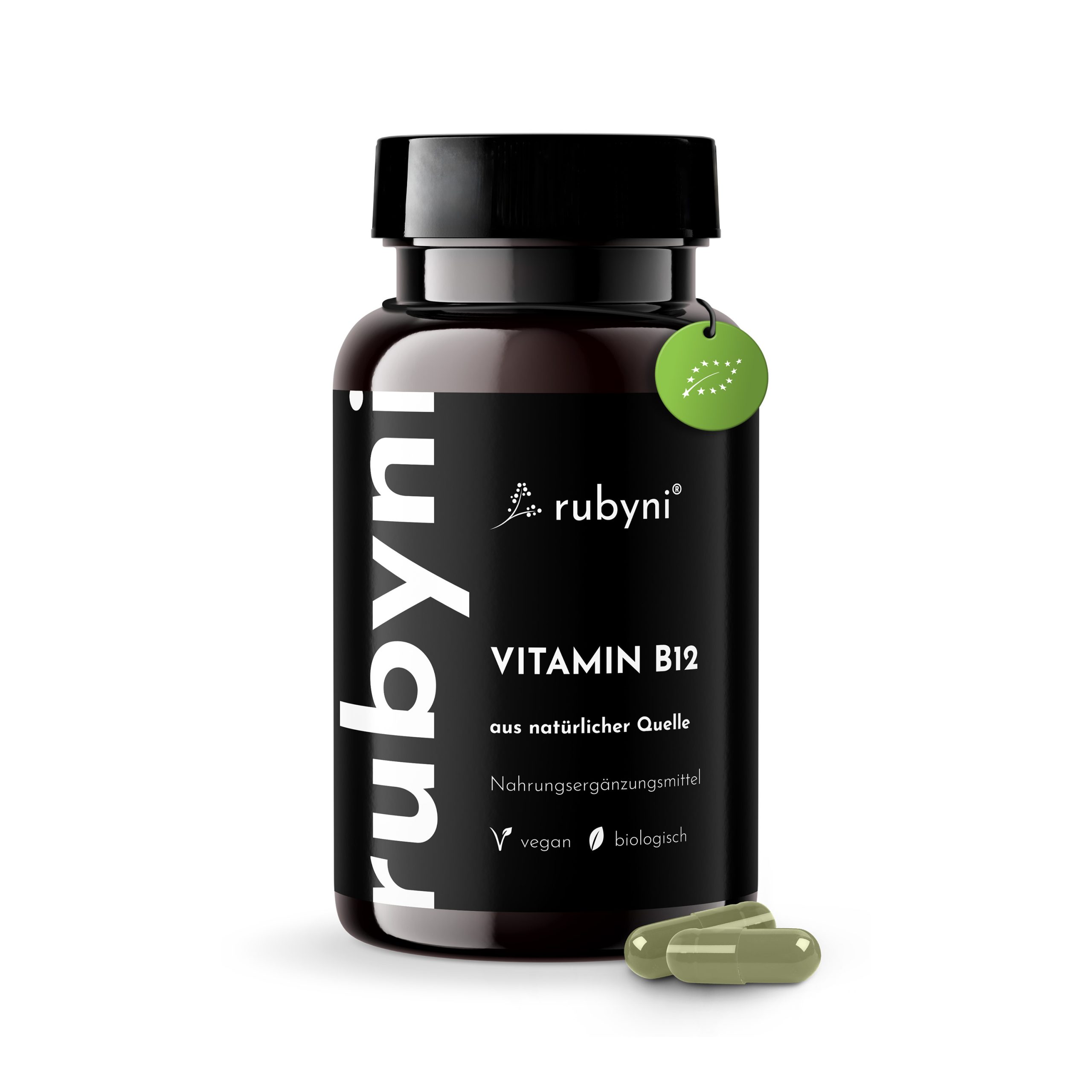 PET-Dose rubyni Vitamin B12 freigestellt mit zwei grünen Kapseln vor der Dose