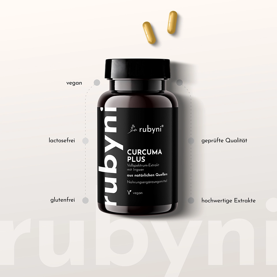 PET-Dose des Nahrungsergänzungsmittels rubyni Curcuma Plus mit zwei schwebenden Kapseln darüber, umgeben von Hinweisen wie „vegan“, „lactosefrei“, „glutenfrei“, „geprüfte Qualität“ und „hochwertige Extrakte“.