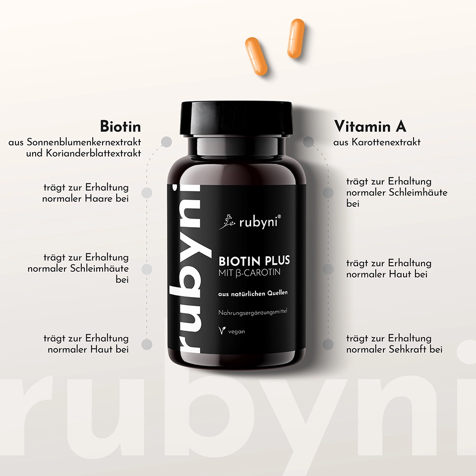 rubyni-biotin-plus-haare-haut-naegel-vitamin-a PET-Dose des rubyni Nahrungsergänzungsmittels „Biotin Plus“ mit β-Carotin, ergänzt durch grafische Darstellung der Vorteile von Biotin und Vitamin A für Haare, Haut, Schleimhäute und Sehkraft.