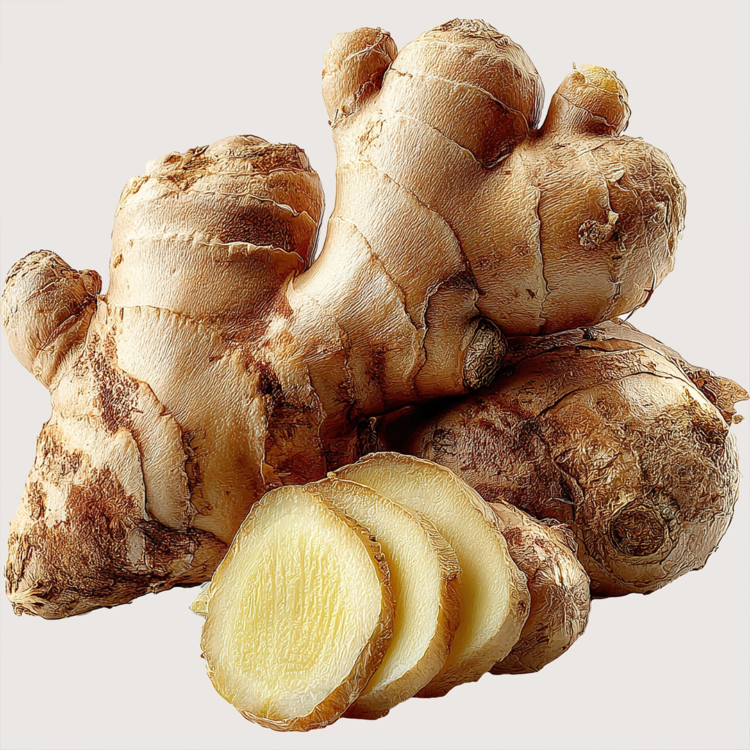 Frische Ingwerknolle mit hellbrauner, leicht runzeliger Schale, daneben mehrere angeschnittene Scheiben mit gelblich-saftigem Inneren vor neutralem Hintergrund.