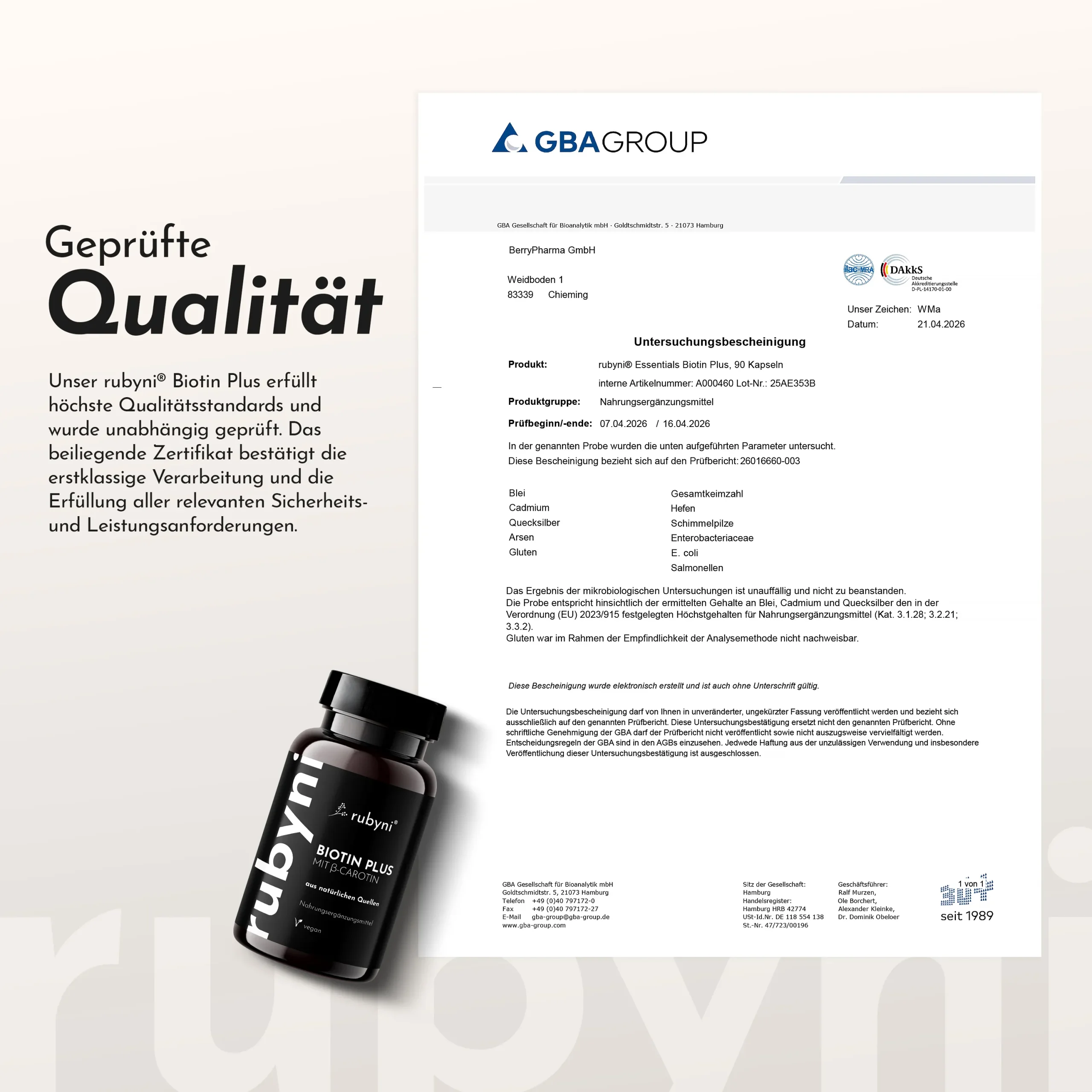Bild5_biotin_3000x3000 PET-Dose des rubyni Nahrungsergänzungsmittels „Biotin Plus“ mit β-Carotin vor dem Gesicht einer lächelnden Frau, kombiniert mit Werbetext zu Haut, Haaren und Gesundheit.