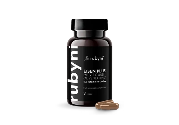 Dark PET bottle of rubyni Zinc containing two brown capsules  