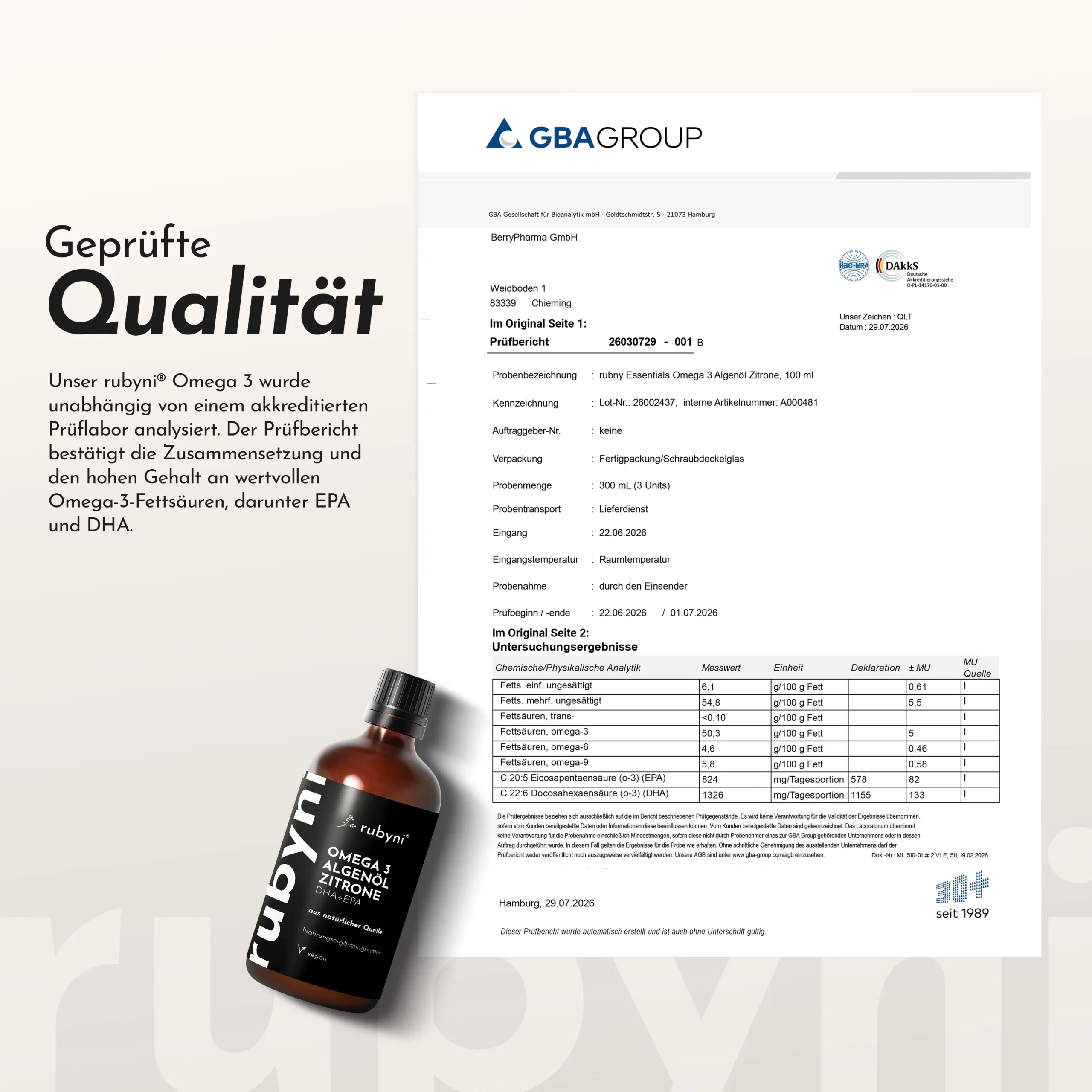 Qualità certificata dell’olio di alghe rubyni® Omega 3 al limone, con flacone del prodotto e rapporto di analisi di un laboratorio accreditato relativo agli acidi grassi omega-3 EPA e DHA.
