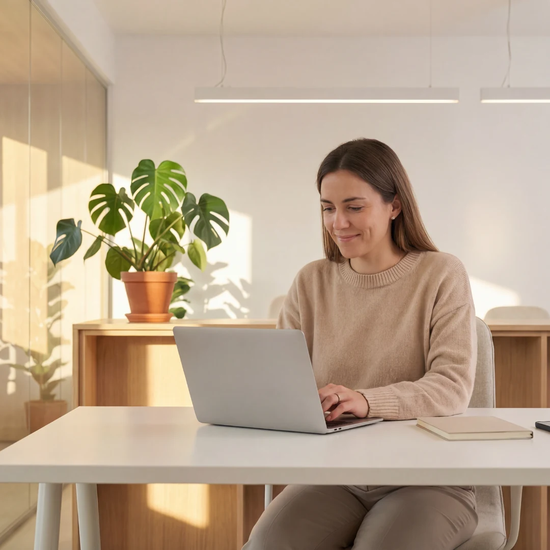 Frau arbeitet konzentriert an einem Laptop an einem aufgeräumten Arbeitsplatz.