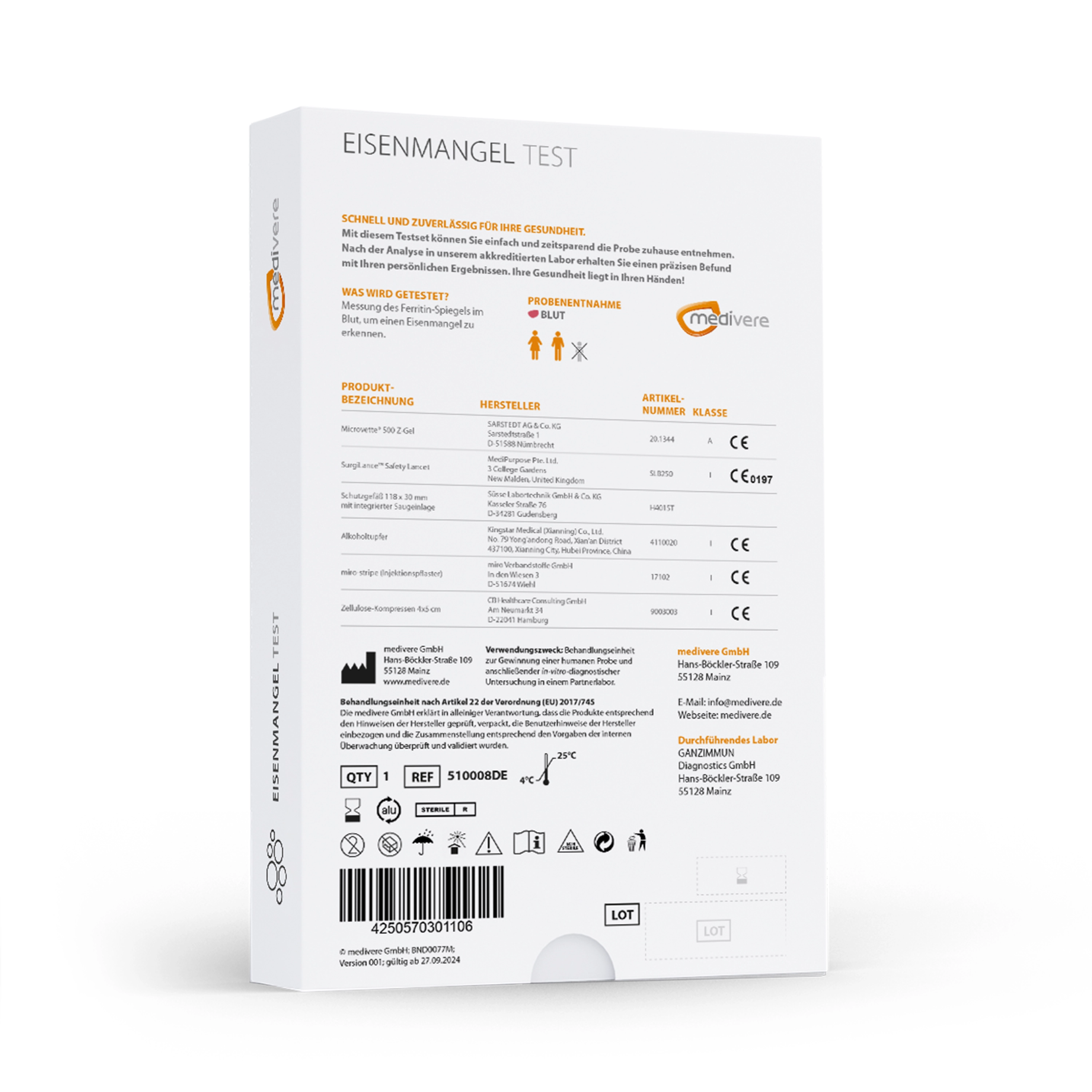 Ferritin-Bluttest – Testkit und Anwendung Ferritin-Bluttest Testkit mit Informationen zur Anwendung