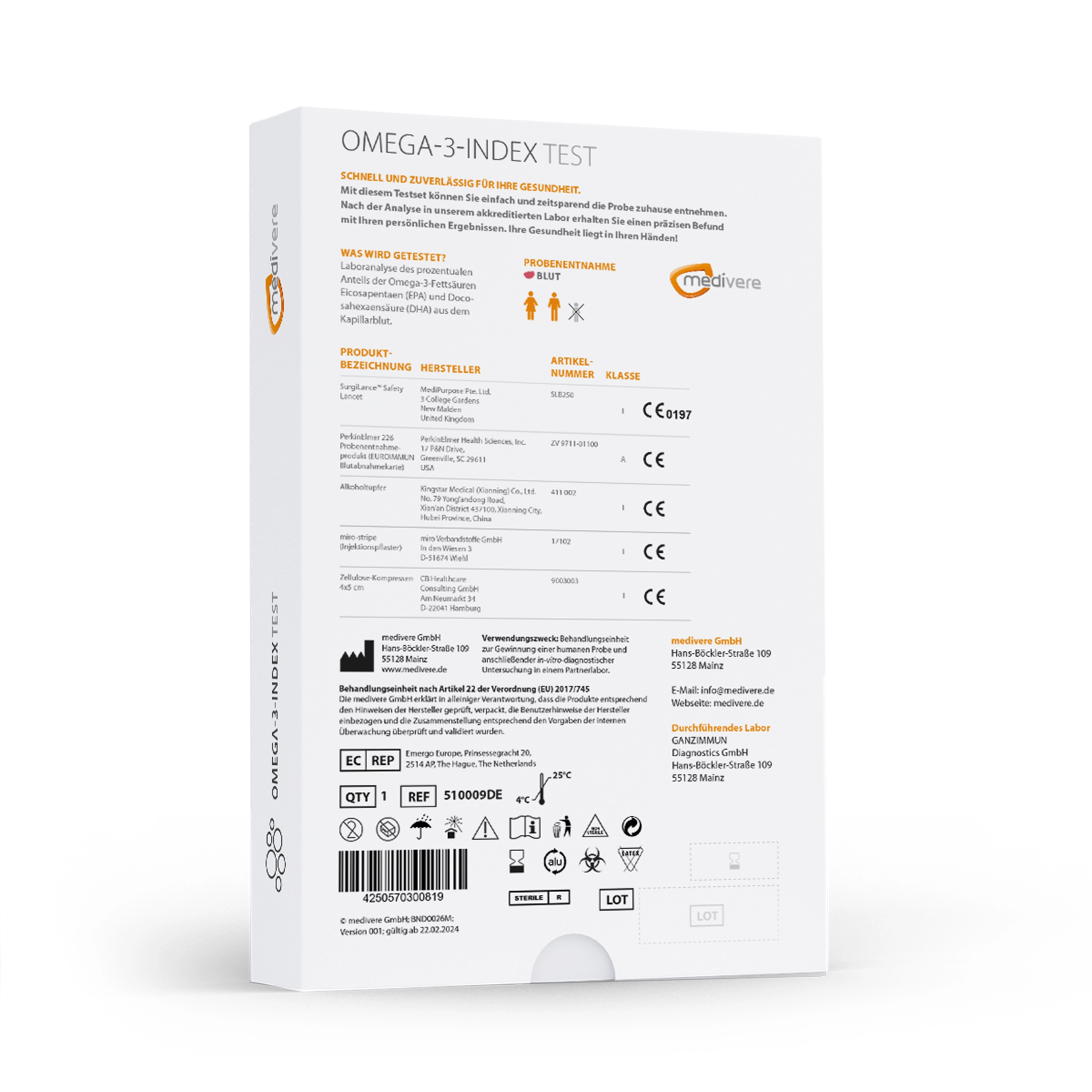 Omega-3-Index Bluttest Testkit mit Informationen zur Anwendung