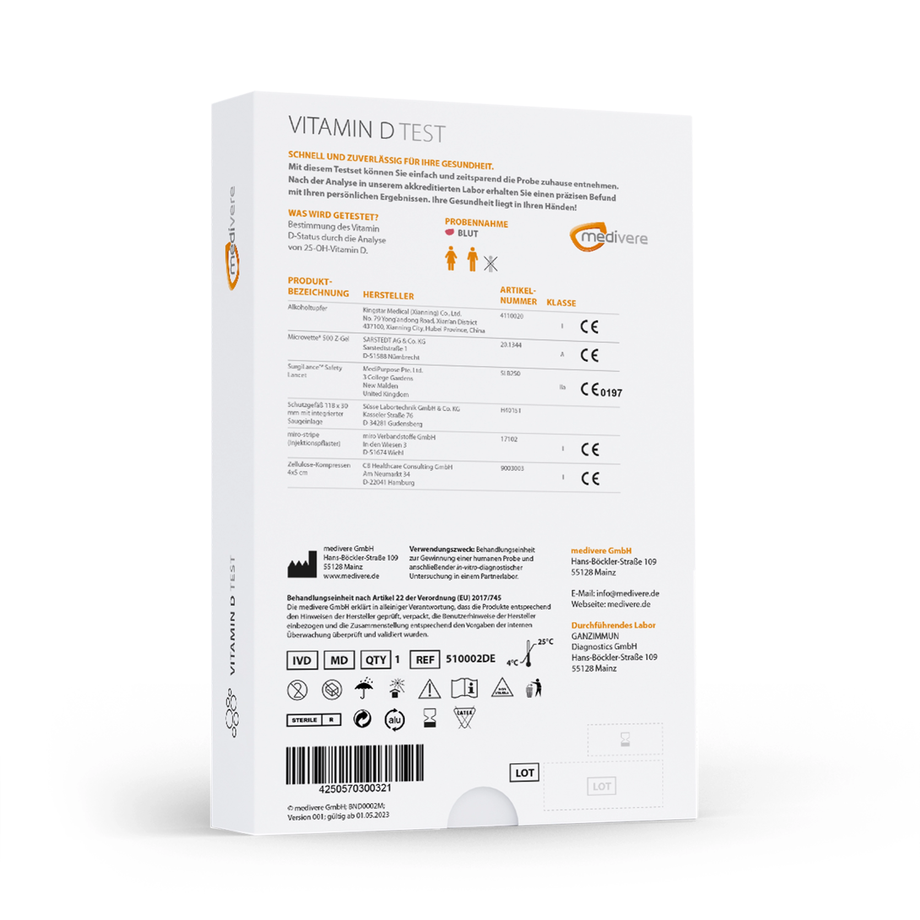 Vitamin-D-Test Testkit mit Informationen zur Anwendung